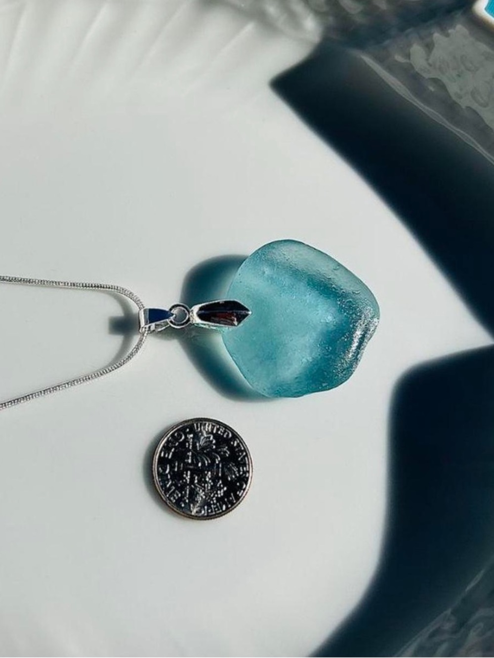 Large Turquoise Colored Sea Glass 925 Sterling silver Necklace
